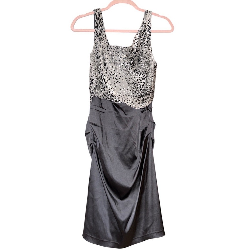 Suzi Chin Maggy Boutique Dress Size 10 Animal Print Drapey Bodice Satin Skirt
